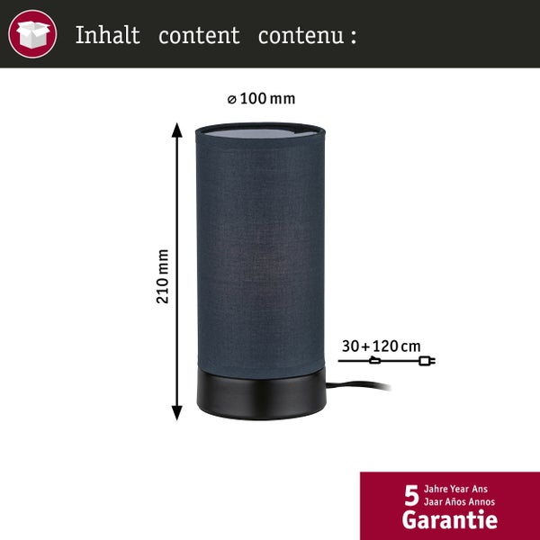 Zylindrische Tischleuchte mit Stoffschirm, Durchmesser 100 Millimeter, Höhe 210 Millimeter, Kabellänge 30 plus 120 Zentimeter, 5 Jahre Garantie.