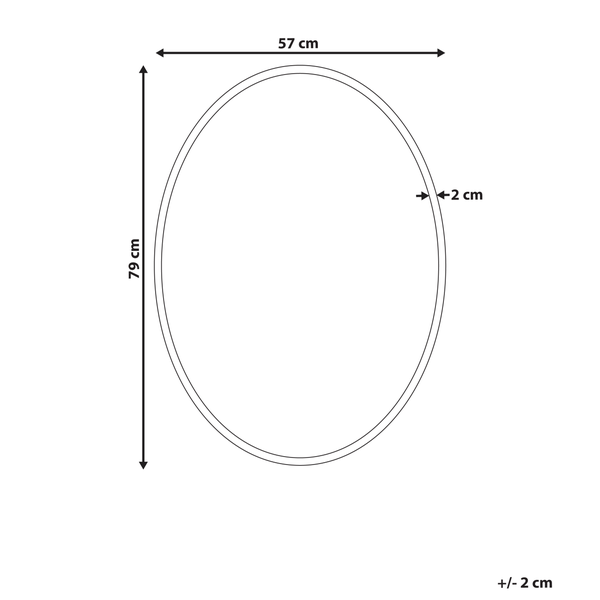 Abmessungen eines ovalen Objekts: 57 cm breit, 79 cm hoch, 2 cm dick
