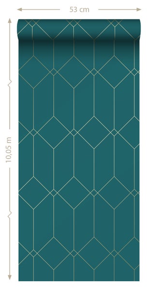 ESTAhome Tapete Art Decó Muster Gold, Grün und Blau - 53 cm x 10.05 m - 139224