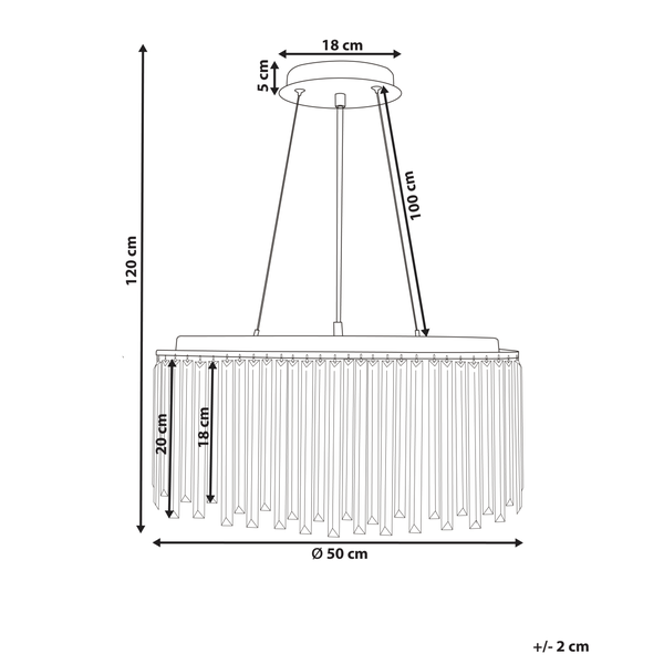 Technische Zeichnung einer Pendelleuchte mit den Maßen 120 cm Höhe, 50 cm Durchmesser, 18 cm Deckenbefestigung Durchmesser und 5 cm Höhe Deckenbefestigung.