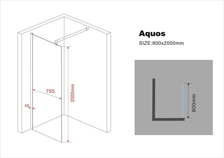 Technische Zeichnung einer Aquos Duschkabine, Größe 800x2000 Millimeter