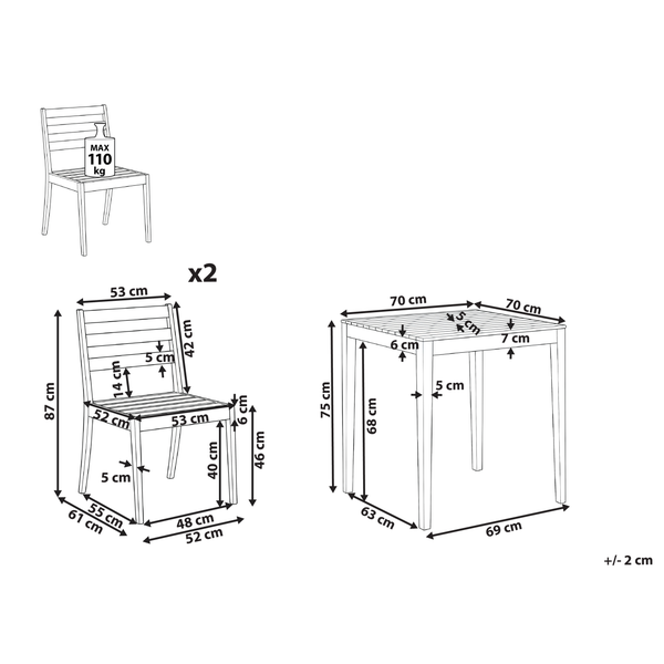 Abmessungen Gartentisch und Gartenstuhl im Set