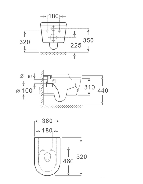Technische Zeichnung eines Wand-WCs mit Maßangaben.