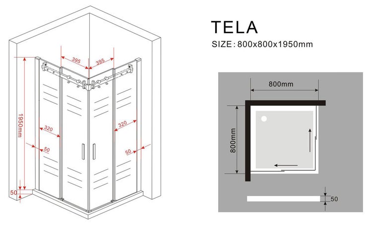 Technische Zeichnung einer Tela Duschkabine mit Abmessungen 800x800x1950 Millimeter.