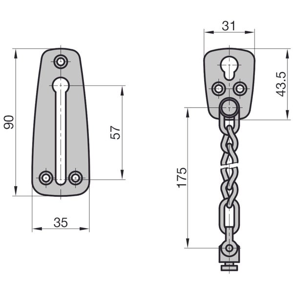 BASI Türkette TK 22 Edelstahl Standard Türkette für Wohneingangstüren Gehärtete Türkette Länge 175 mm