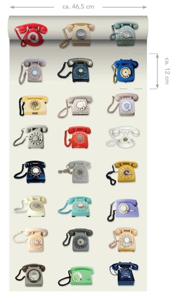 ESTAhome XXL-Vliestapete Retro-Telefone Beige, Grau, Rot und Blau - 50 x 900 cm - 158503