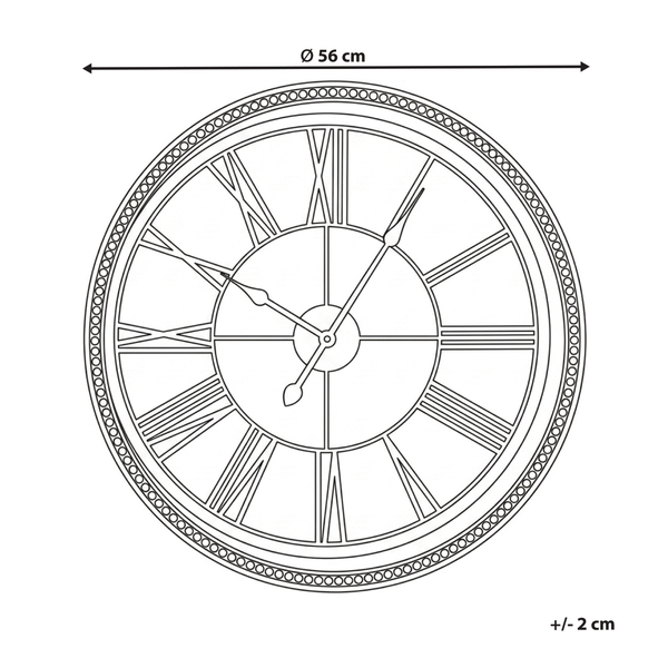 Technische Zeichnung einer runden Wanduhr mit römischen Ziffern und einem Durchmesser von 56 Zentimetern.
