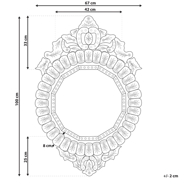 Technische Zeichnung eines Spiegels mit den Maßen 100 cm Höhe und 67 cm Breite