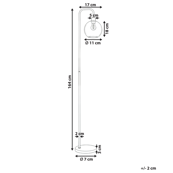 Maßzeichnung einer Stehleuchte: Höhe 164 Zentimeter, Schirmdurchmesser 11 Zentimeter, Sockeldurchmesser 7 Zentimeter.