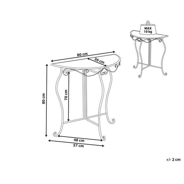 Abmessungen eines Konsolentisches mit maximaler Traglast von 10 Kilogramm