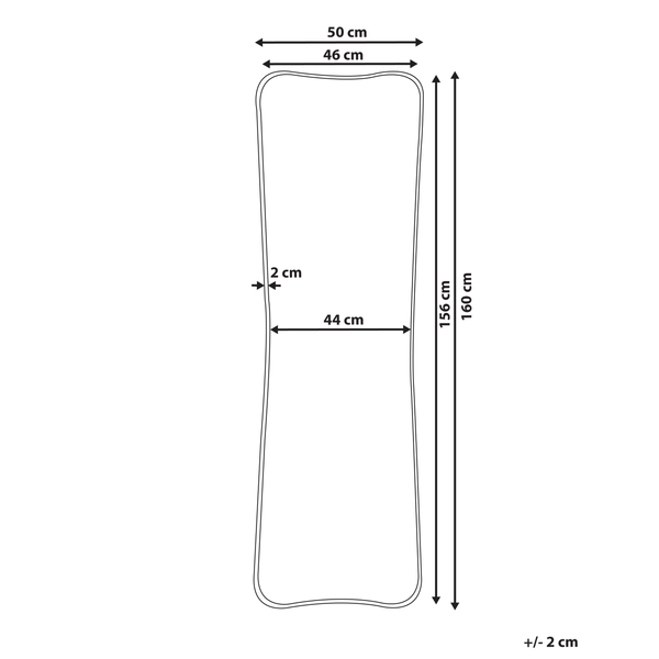 Abmessungen eines Spiegels: 160 cm hoch, 50 cm breit und 2 cm tief