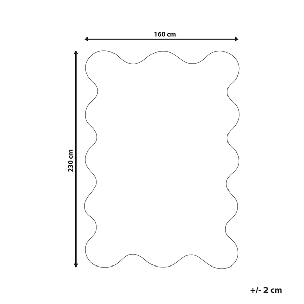 Maßskizze für einen Teppich mit Wellenrand. Breite 160 Zentimeter, Länge 230 Zentimeter. Maßtoleranz plus minus 2 Zentimeter.