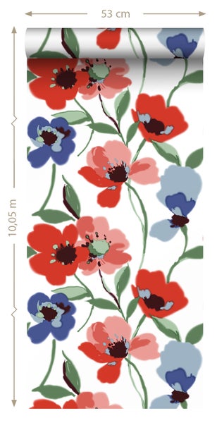 ESTAhome Tapete Mohnblumen Rot, Blau und Grün - 50 x 900 cm - 139289