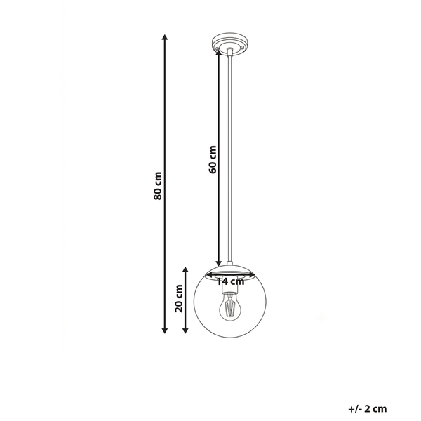 Maßzeichnung einer Pendelleuchte mit Glaskugel, Gesamthöhe 80 Zentimeter, Schirmdurchmesser 14 Zentimeter und Schirmhöhe 20 Zentimeter.