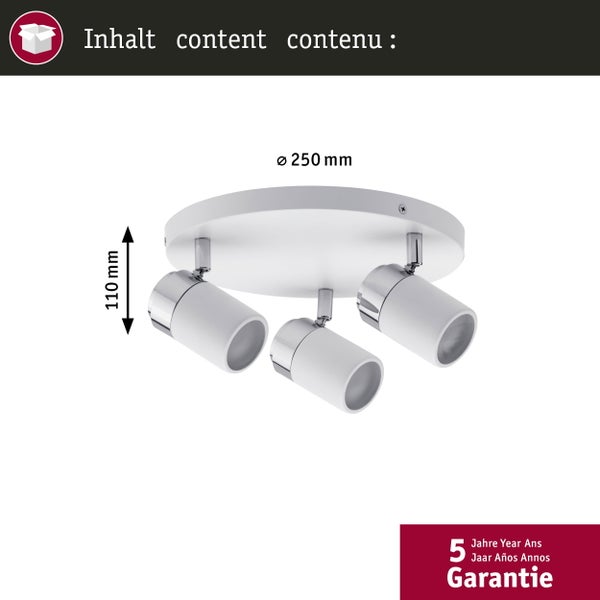 Deckenleuchte mit drei Strahlern und den Maßen 250 mm Durchmesser und 110 mm Höhe