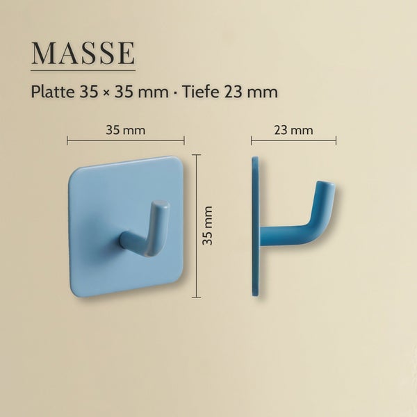 Wandhaken mit quadratischer Grundplatte, Maße 35 mal 35 Millimeter, Tiefe 23 Millimeter.