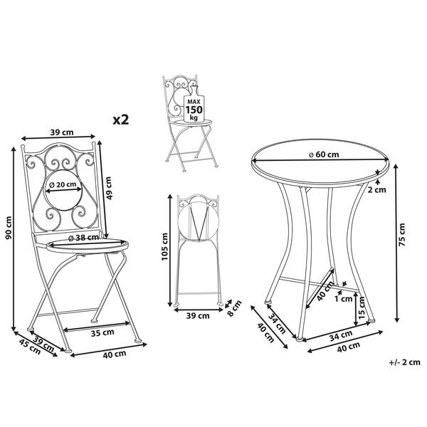 Technische Zeichnung von Gartentisch und Stühlen mit Maßangaben