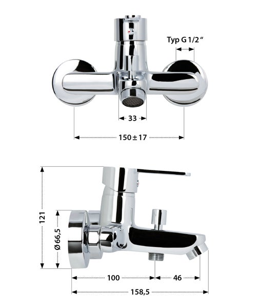 aquaSu® Badewannenarmatur Jetmix Style, mit Typ 1/2 '' Brauseabgang unten und Umstell-Funktion, Einhebelmischer Messing, Aufputz-Armatur Badewanne in Chrom, 787826