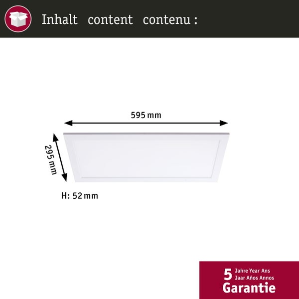 Abmessungen einer LED-Panelleuchte: 595 mm breit, 295 mm tief und 52 mm hoch.