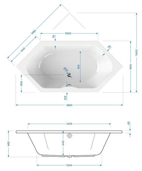 Maßzeichnung einer sechseckigen Badewanne mit Draufsicht und Seitenansicht sowie detaillierten Maßangaben in Millimeter.