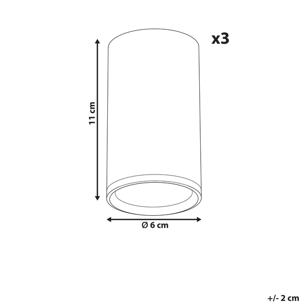 Technische Zeichnung einer Deckenleuchte mit den Maßen 11 cm Höhe und 6 cm Durchmesser im Dreierset.