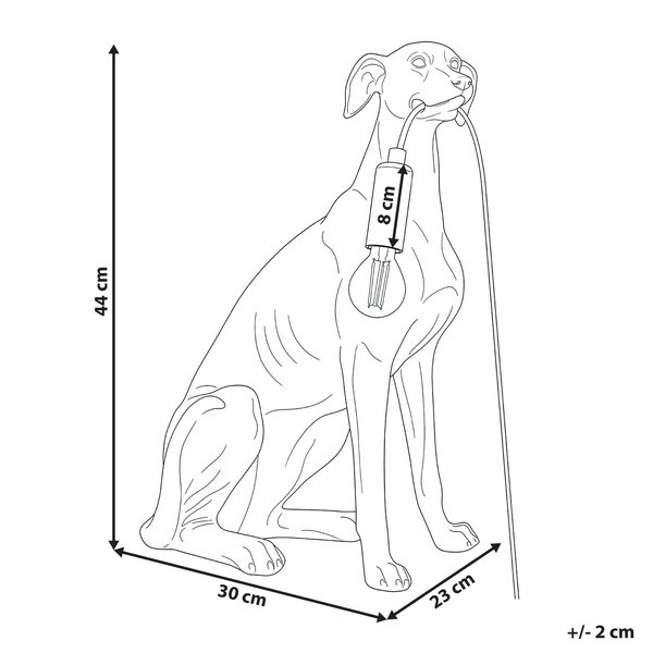 Tischleuchte in Form eines sitzenden weißen Hundes, der eine goldfarbene Fassung mit Glühlampe im Maul hält.