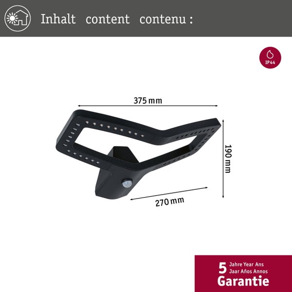 Abbildung einer schwarzen LED Außenleuchte mit Bewegungsmelder und den Maßen 375 mm, 270 mm und 190 mm, mit IP44 Schutzgrad und fünf Jahren Garantie.