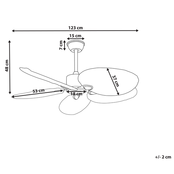 Maßskizze Deckenventilator: Durchmesser 123 Zentimeter, Höhe 48 Zentimeter. Flügel 53 mal 37 Zentimeter. Toleranz plus minus 2 Zentimeter.