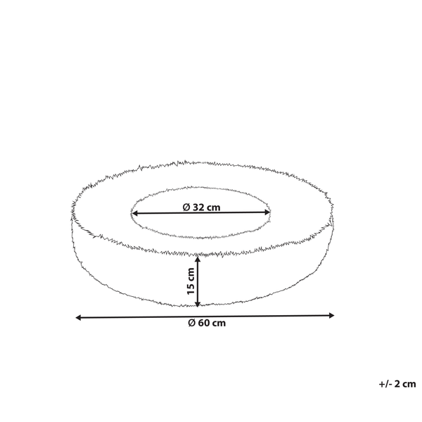 Rundes Tierbett: Außendurchmesser 60 Zentimeter, Innendurchmesser 32 Zentimeter, Höhe 15 Zentimeter. Toleranz plus oder minus 2 Zentimeter.