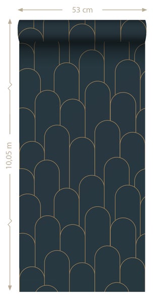 ESTAhome Tapete Art Decó Muster Dunkelblau und Gold - 50 x 900 cm - 139657