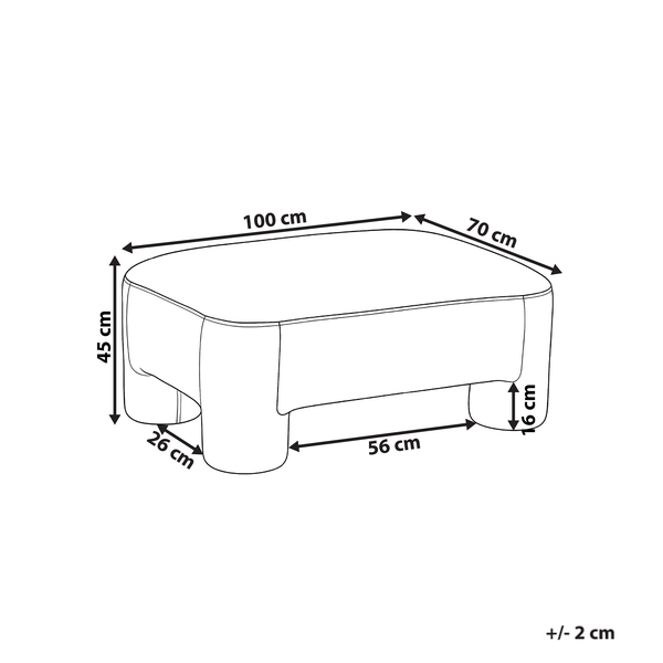 Maßzeichnung eines Hockers mit Maßen in Zentimeter: Breite 100, Tiefe 70, Höhe 45. Abweichung von plus minus 2 Zentimeter möglich.