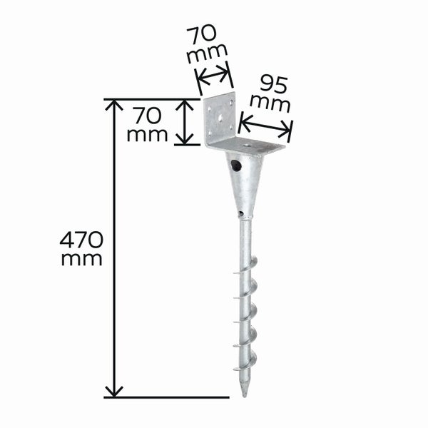 Eindrehfundament verzinkt mit L-Winkel für Pfosten, Gesamthöhe 470 mm, Winkel 70 mm mal 95 mm.