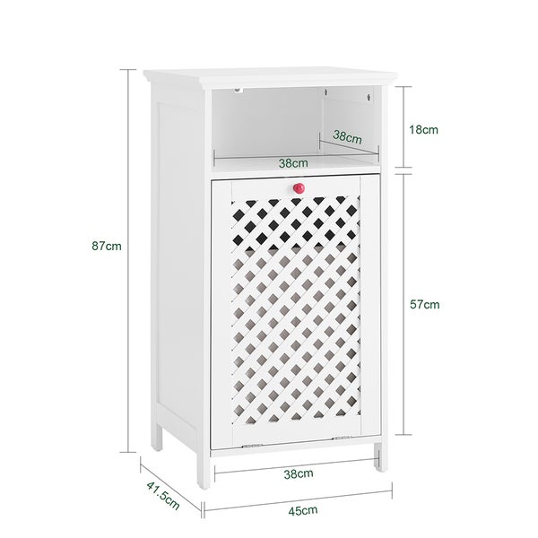 Weißer Badezimmerschrank mit Tür und offenem Fach, Maße sind angegeben