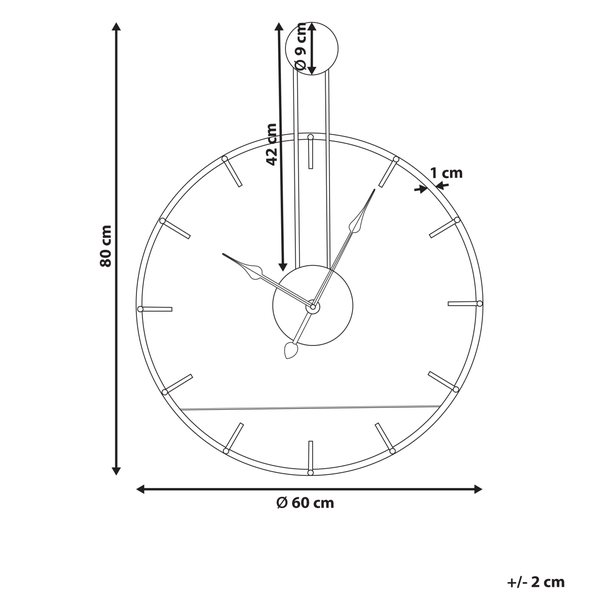 Abmessungen einer Wanduhr: 80 cm Höhe, 60 cm Durchmesser.