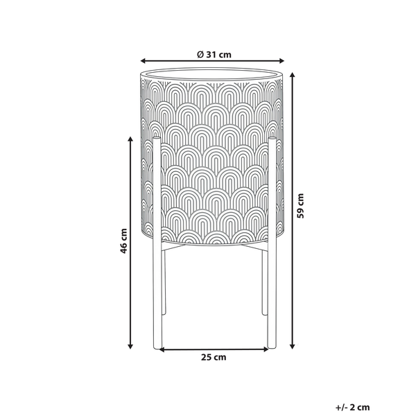 Technische Zeichnung eines Pflanztopfes auf einem Ständer mit Maßen: Höhe 59 Zentimeter, Durchmesser 31 Zentimeter, Breite 25 Zentimeter.