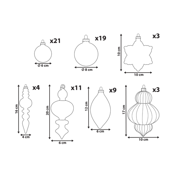 Verschiedene Weihnachtsbaumkugeln mit Größenangaben.