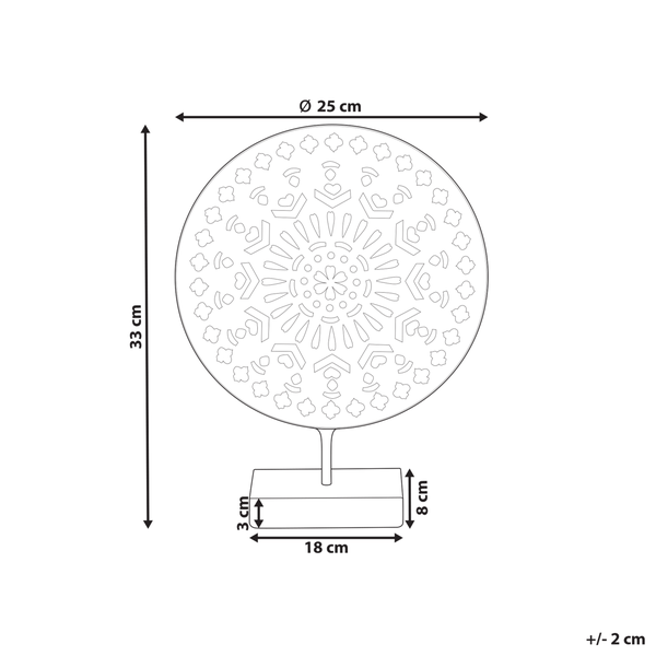 Abmessungen einer dekorativen Lampe: 25 cm Durchmesser, 33 cm Höhe.