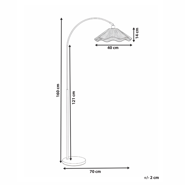 Skizze einer Stehlampe mit den Maßen 160 cm Höhe, 40 cm Lampenschirmdurchmesser und 70 cm Fußdurchmesser.