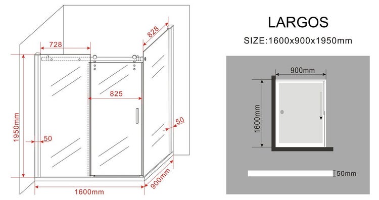 Skizze der Dusche Largos mit Größenangaben