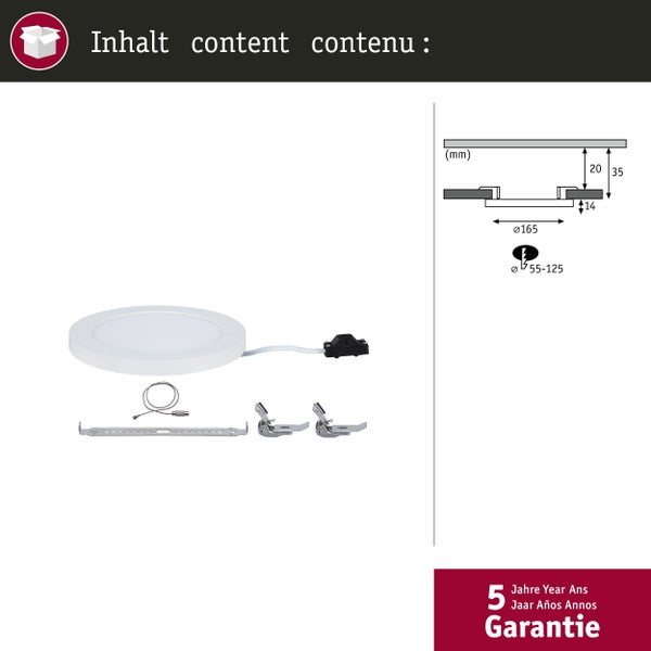 Packungsinhalt LED Einbauleuchte mit Montagezubehör und Maßangaben