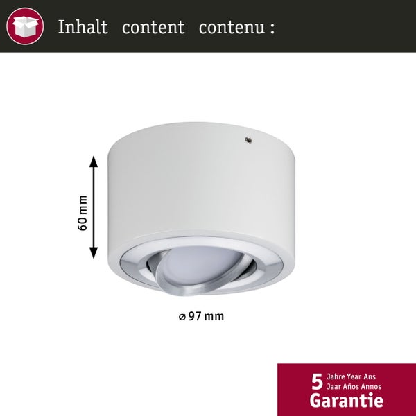 Abbildung einer Deckenleuchte mit den Maßen 60 Millimeter Höhe und 97 Millimeter Durchmesser sowie dem Symbol für fünf Jahre Garantie.