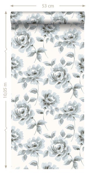 ESTAhome Tapete Aquarell gemalte Rosen Hellblau und Grau - 53 cm x 10.05 m - 128013