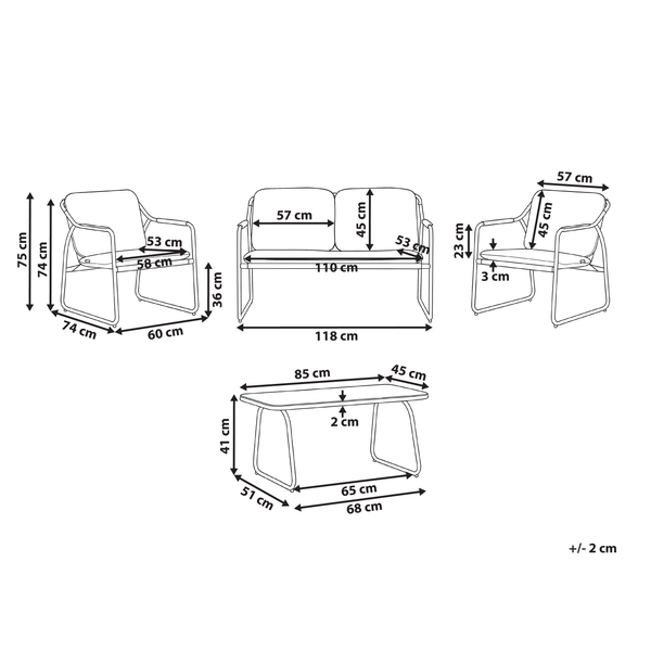 Maßzeichnung für ein Garten-Lounge-Set bestehend aus Sessel, Sofa und Tisch mit detaillierten Zentimeter-Angaben.