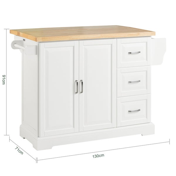 Kücheninsel mit Holzplatte, zwei Türen und drei Schubladen, Abmessungen 130 mal 71 mal 91 Zentimeter