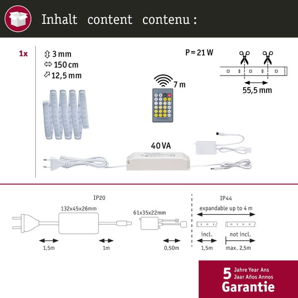 Inhalt und Maße des LED-Streifen Sets