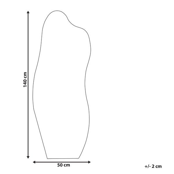 Abmessungen eines unregelmäßig geformten Spiegels: 140 cm hoch und 50 cm breit