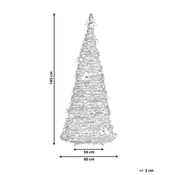 Abbildung eines Weihnachtsbaums mit den Maßen 185 cm Höhe, 56 cm oberer Durchmesser und 80 cm unterer Durchmesser.