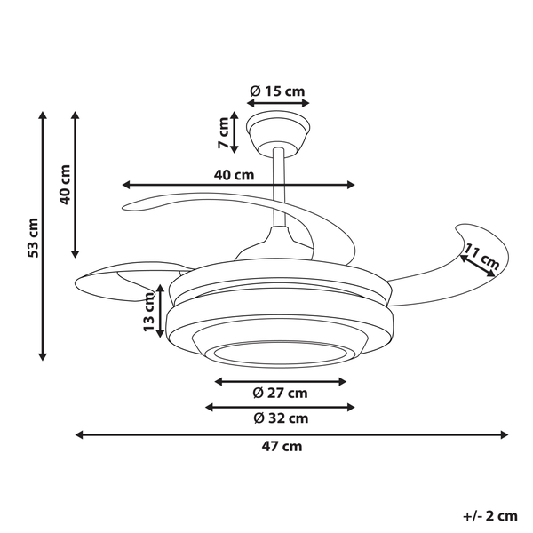 Deckenventilator mit integrierter Leuchte und einstellbarer Farbtemperatur von 3000 Kelvin, 4000 Kelvin und 6000 Kelvin.