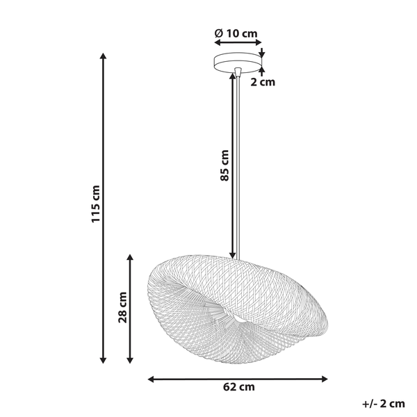 Technische Zeichnung einer Pendelleuchte mit den Maßen 115 cm Höhe, 62 cm Breite und 28 cm Tiefe.