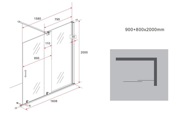 Technische Zeichnung einer Duschkabine mit Maßangaben